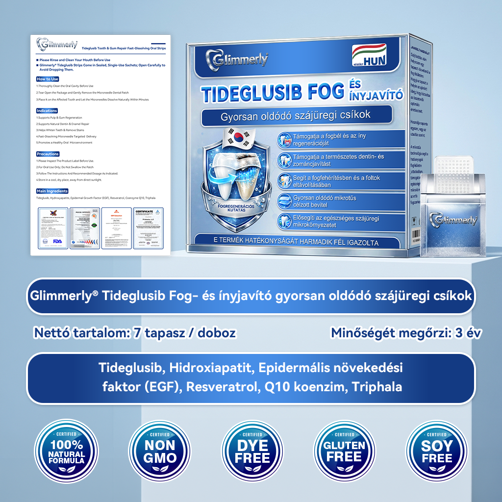 🦷 𝐆𝐥𝐢𝐦𝐦𝐞𝐫𝐥𝐲® 𝐓𝐢𝐝𝐞𝐠𝐥𝐮𝐬𝐢𝐛 Fog- és Ínyregeneráló Mikrotűs Párna | Fejlett Őssejtes Aktiválás Fogfehérítő Csíkok (🦷 Fogzománc és Dentin Újraépítése • Ínyerősítés • Fogatlanodás és Szageltávolítás • Fogérzékenység Megállítása)🐊